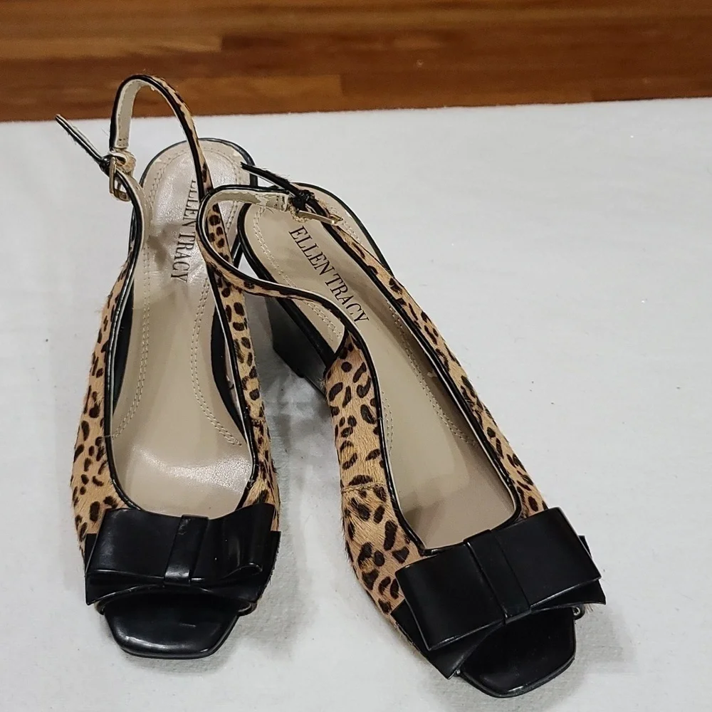 Ellen Tracy Womens Slingback Wedge Shoes Cheetah Print Cow Hair Blk Bow Sz 6 GUC